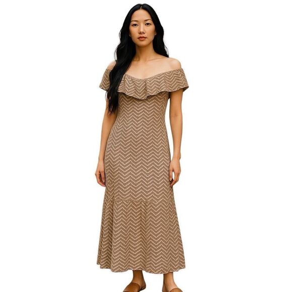 Galeria Tricot Tan White Striped Off The Shoulder Crochet Knit Maxi Dress Small - Picture 1 of 9